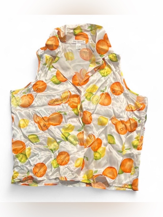Silk Shades Tops - Silk Shades Citrus Print Silk sleeveless button up blouse Orange & Lime